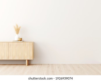 Living Room Interior Wall Mockup In Minimalist Japandi Style With Light Biege Wooden Console And Dried Pampas Grass Decor On Empty Warm White Background. 3d Rendering, 3d Illustration.