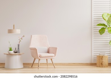 Living Room Interior Wall Mockup In Warm Tones With Pink Armchair,minimal Design.3D Rendering