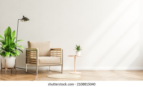 Living room interior wall mockup in warm tones with armchair,minimal design.3D rendering