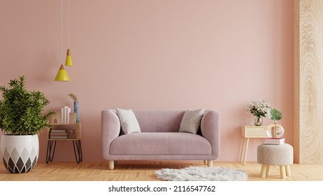 Living Room Interior Wall Mockup With Pink Sofa On Empty Pink Wall Background.3d Rendering