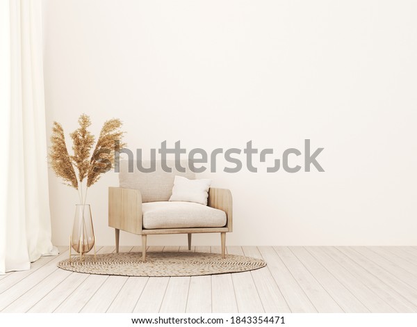 Living room\
interior wall mockup in warm tones with beige linen armchair, dried\
Pampas grass and woven rug. Boho style decoration on empty wall\
background. 3D rendering,\
illustration.