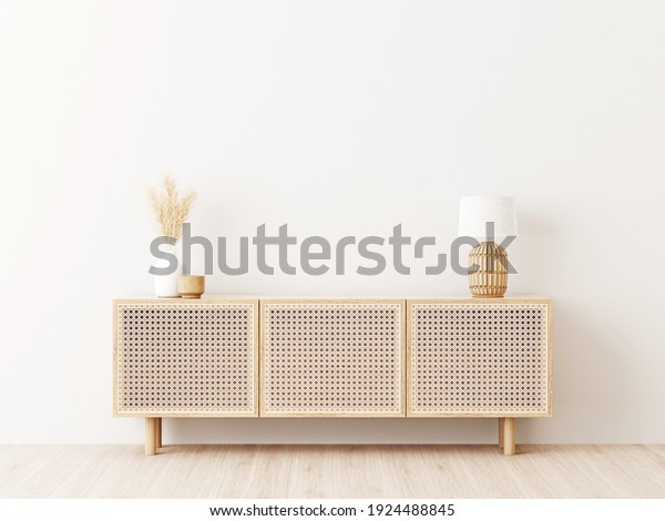 Living room interior wall mockup in\
minimalist Japandi style with caned console, wicker basket lamp and\
dried pampas grass in ceramic vase on empty warm white background.\
3d rendering, 3d\
illustration