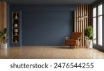 Living room with leather armchair on wood flooring and dark blue wall- 3D rendering