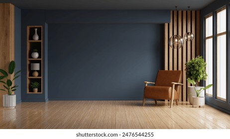 Living room with leather armchair on wood flooring and dark blue wall- 3D rendering - Powered by Shutterstock