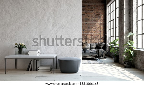 Living room loft\
in industrial style ,3d\
render