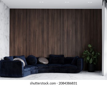 Living Room In Luxury Style And Dark Colors. Large Corner Round Sofa In Deep Blue Material - Navy. Accent Wall Made Of Oak Wood Panels. White Marble Slabs On The Floor And Wall. 3d Rendering