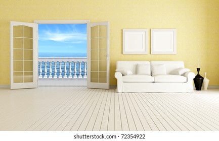 Living Room Of A Mediterranean Beach House - Rendering - The Image On Background Is A My Rendering Composition