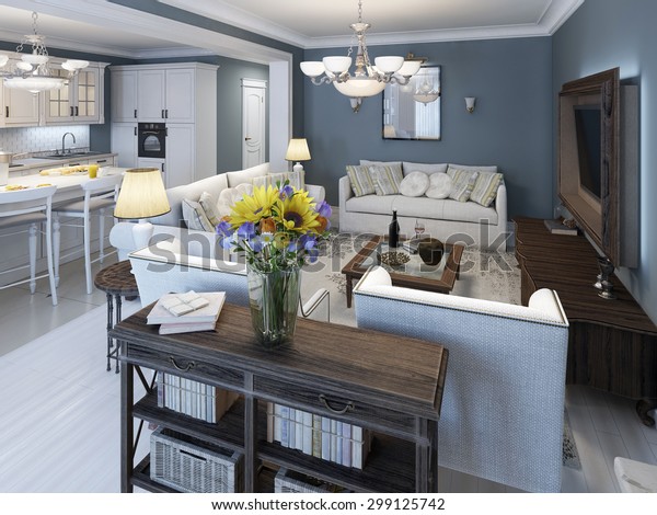 Living Room Mediterranean Style Blue Walls Stock Illustration