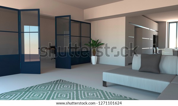 Living room, open space with blue wrought-iron\
windows with the function of dividing the rooms. Modern interior\
design. 3d\
rendering