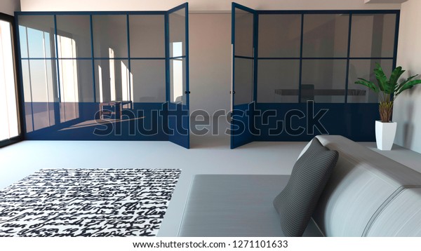 Living room, open space with blue wrought-iron\
windows with the function of dividing the rooms. Modern interior\
design. 3d\
rendering