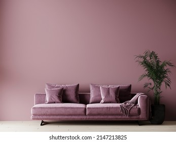 Living room in pink. Empty wall for art,pictures. Cozy lounge area with a sofa. Design modern room - interior mockup. 3d rendering