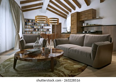 Living Room Rustic Style. 3D Render