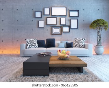 Living Room Or Saloon Interior Design With Under Light Wall And Picture Frames 3d Rendering