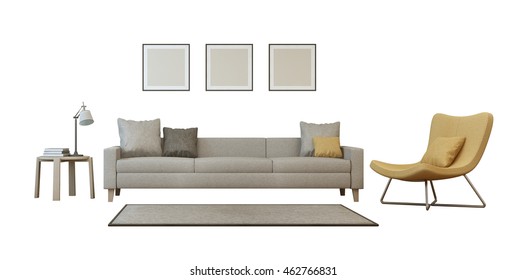 Living Room Set Isolated On White Background - 3D Rendering