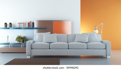 Minimalist Orange Living Room Gray Sofa Stock Illustration 409786603