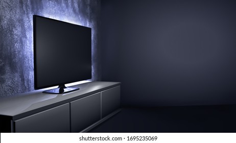 Living room with a Smart TV on a cabinet in front of a stylish highlighted grunge wall of a home cinema. With copy space (3D rendering)