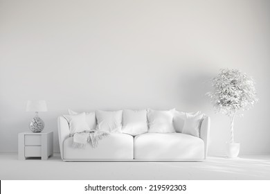 Living Room With Sofa In Front Of A Wall In White