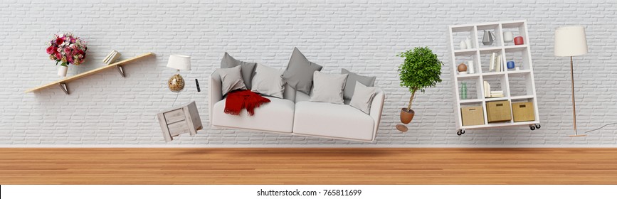 Living room sofa and furniture fly as panorama (3D Rendering)