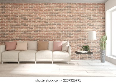 Living Room With Sofa And Red Brick Wall. 3D Illustration