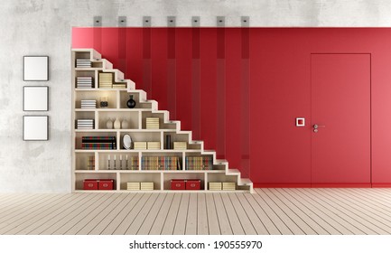 Living Room With A Staircase, Bookcase And Door Flush With The Wall - Rendering