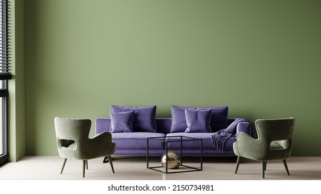 Living room in the trendy colors of 2022 - very peri and green - greenbriar or foliage, olive tone  . Large room with bright accent sofa and cozy armchairs. Luxury furniture and design. 3d rendering