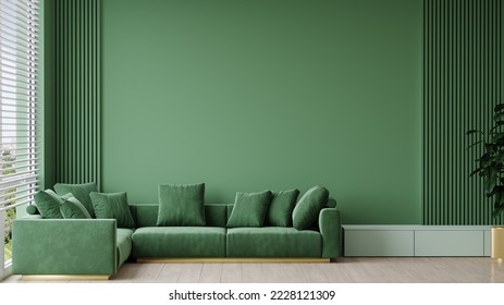 ミントと緑のトレンディな色のリビングルーム – グリーンブリアや葉、オリーブトーン。明るいアクセントソファと家具、金の要素と大きな部屋。豪華なインテリアデザイン背景。3Dレンダリングのイラスト素材