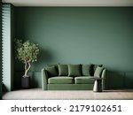 Living room in trendy green 2022. The color of the painted walls and the sofa is olive or muted emerald. Luxury space lounge blank of contemporary interior design. 3d rendering
