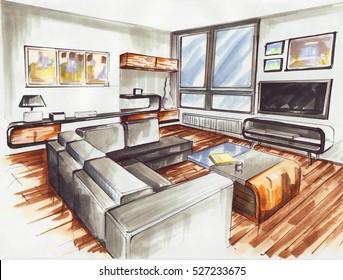 Living Room It Is Very Modern Interior Design For Younger Familie. Its Sketch Designed With Colou Marker On The Paper. Very Comfortable Furniture Create Pleasant Atmosphare. 
