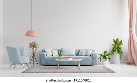 Living Room Wall Mockup In Bright Tones With Have Sofa And Lamp With White Wall Background.3d Rendering