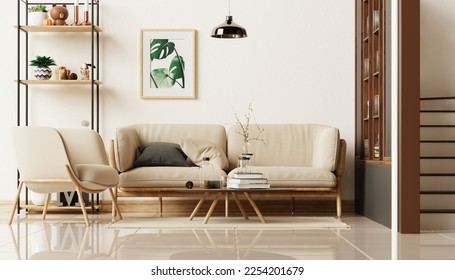 Living room wall mockup in bright tones with have sofa and lamp with white wall background.3d rendering - Shutterstock ID 2254201679