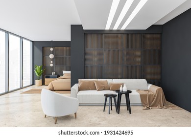 Living Room With White Couch And Armchair, Background Of Bedroom With Bed And Plant. Black Coffee Tables And Light Furniture, 3D Rendering No People