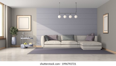 Living Room With White Sofa Against Purple Wall And Bar Trolley - 3d Rendering