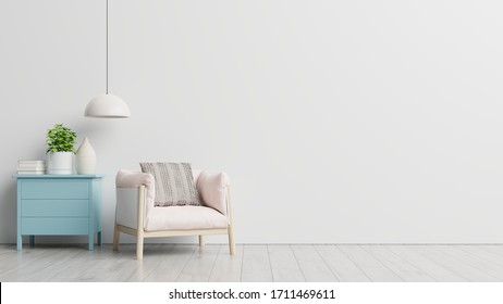 Living room with wooden table, lamps and pink armchair, 3d rendering