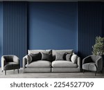 Livingroom or buisness lounge in deep dark colors. Combination of blue navy and gray. Empty wall mockup - paint background and rich set furniture. Luxury interior design reception room. 3d rendering 