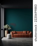 Livingroom in dark modern interior design home, office or lounge. Green emerald empty wall for art, mockup background. Orange brown accent sofa couch with bright pillows and gray pouffe. 3d rendering 