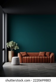 Livingroom In Dark Modern Interior Design Home, Office Or Lounge. Green Emerald Empty Wall For Art, Mockup Background. Orange Brown Accent Sofa Couch With Bright Pillows And Gray Pouffe. 3d Rendering 