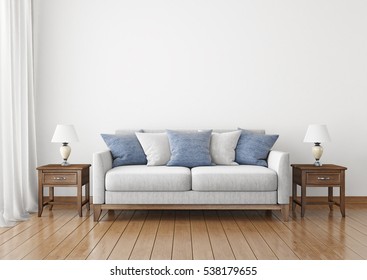 Livingroom with fabric sofa, pillows and lamps on empty wall background. 3D rendering.