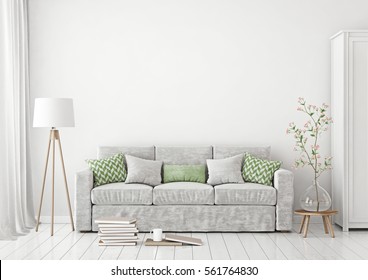 Livingroom Interior with sofa, pillows, lamp, books and vase with flowers on empty white wall background. 3D rendering.
