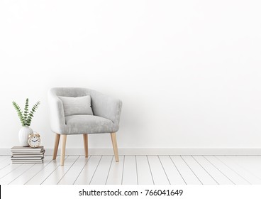Livingroom Interior Wall Mock Up With Gray Velvet Armchair, Cushion, Books And Plant In Vase On Empty White Background. 3D Rendering.