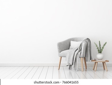 Livingroom Interior Wall Mock Up With Gray Velvet Armchair, Cushion, Plaid And Plant In Vase On Empty White Background. 3D Rendering.