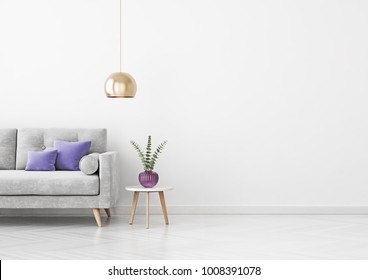 Livingroom interior wall mock up with grey velvet sofa, violet pillows, hanging lamp, vase and coffee table on empty white background. 3D rendering.