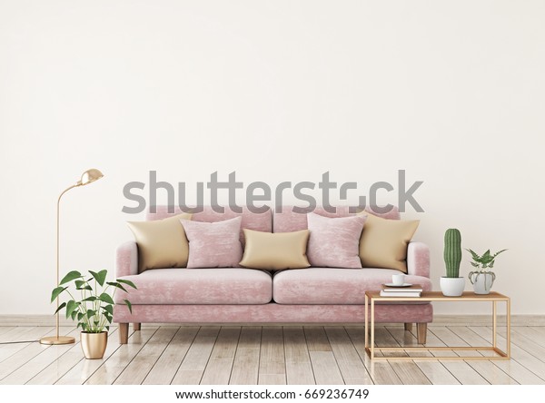 Livingroom interior wall mock up with pink\
fabric sofa and pillows on light beige wall background with free\
space on top. 3d\
rendering.