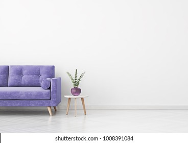 Livingroom interior wall mock up with violet velvet sofa, plant in vase and coffee table on empty white background. 3D rendering.
