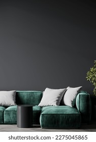 Modelación en vivo con un sofá verde oscuro - tendencia de color esmeralda - acento de terciopelo. Galería de paredes negras y cuadros vacíos, arte. Pintar fondo profundo. Moderna sala de diseño de lujo. 3.ª representación 