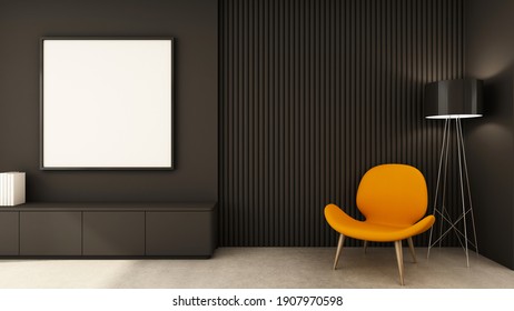 Livingroom Room Design Modern Minimal,Black Frame Mock Up On Wall,Black Cabinet,Black Slat Wood Wall,Yellow Armchair,Black Gloss Lamp Table,Concrete Floors-3D Render