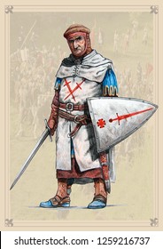 Livonian Brothers Of The Sword, XIIIc. Medieval Knight With Helmet. Crusader With Sword.