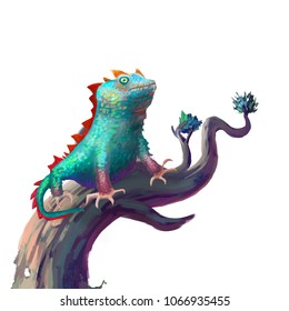 The Lizard Stays on the Branch isolated on White Background with Fantastic, Realistic and Futuristic Style. Video Game's Digital CG Artwork, Concept Illustration, Realistic Cartoon Style Scene Design
