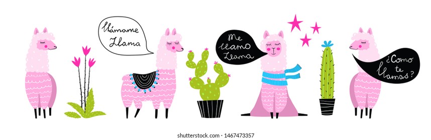 Llamas   Cactus fun collection hand drawn cartoon watercolor style  Talking Spanish 