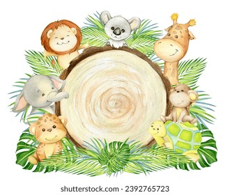 lleopard, monkey, koala, lion, turtle, elephant, giraffe, lettering, one, tropical animals, text, wild one. Watercolor clipart, in cartoon style. - Powered by Shutterstock