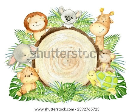 lleopard, monkey, koala, lion, turtle, elephant, giraffe, lettering, one, tropical animals, text, wild one. Watercolor clipart, in cartoon style.